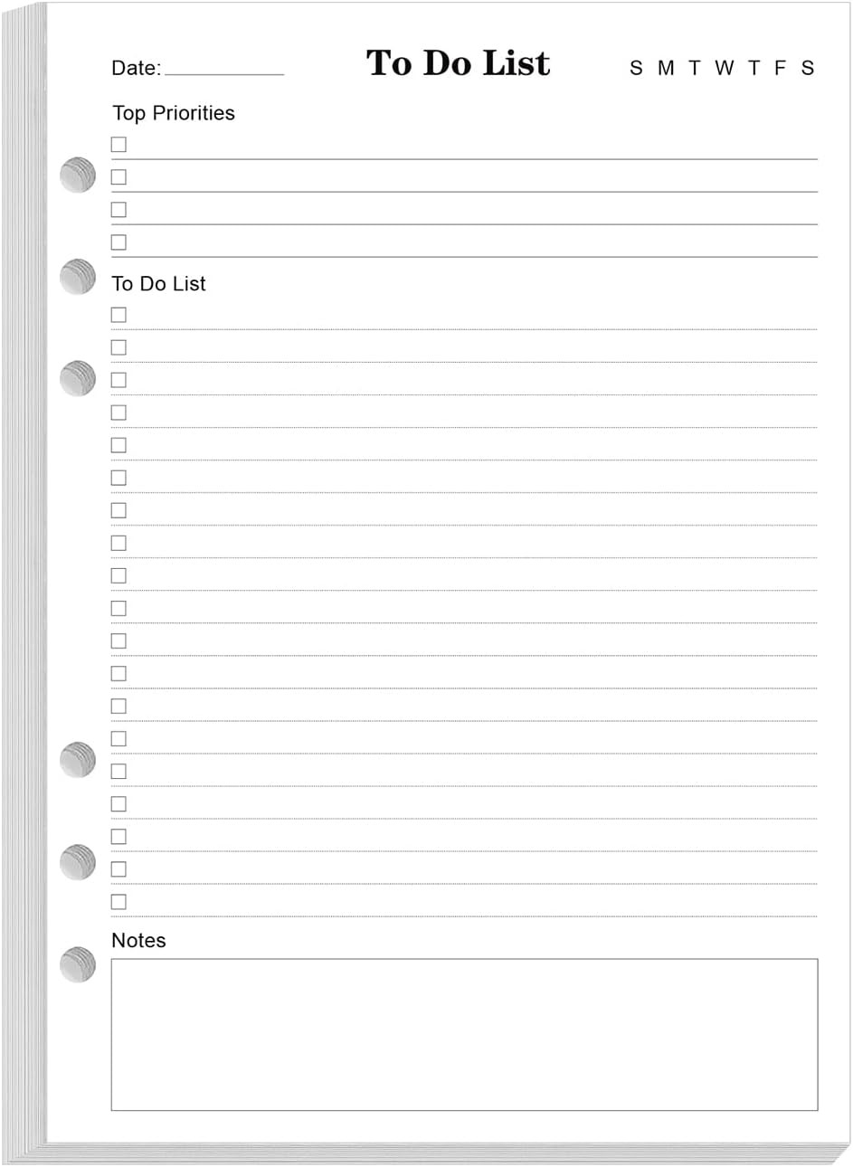 To Do List Inserts for A5 Binder – 6 Hole Punched Daily Planner Refills Paper, 1