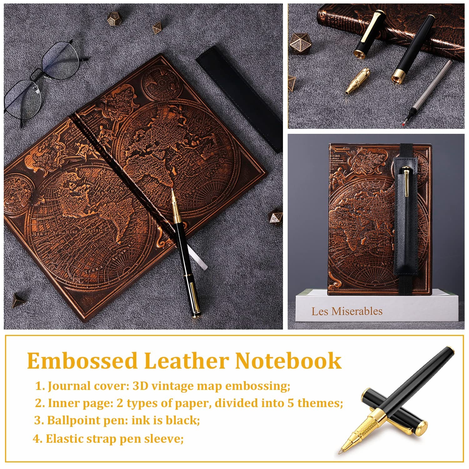 FEIDIAO Vintage Map Embossed Leather Notebook Travel red copper map