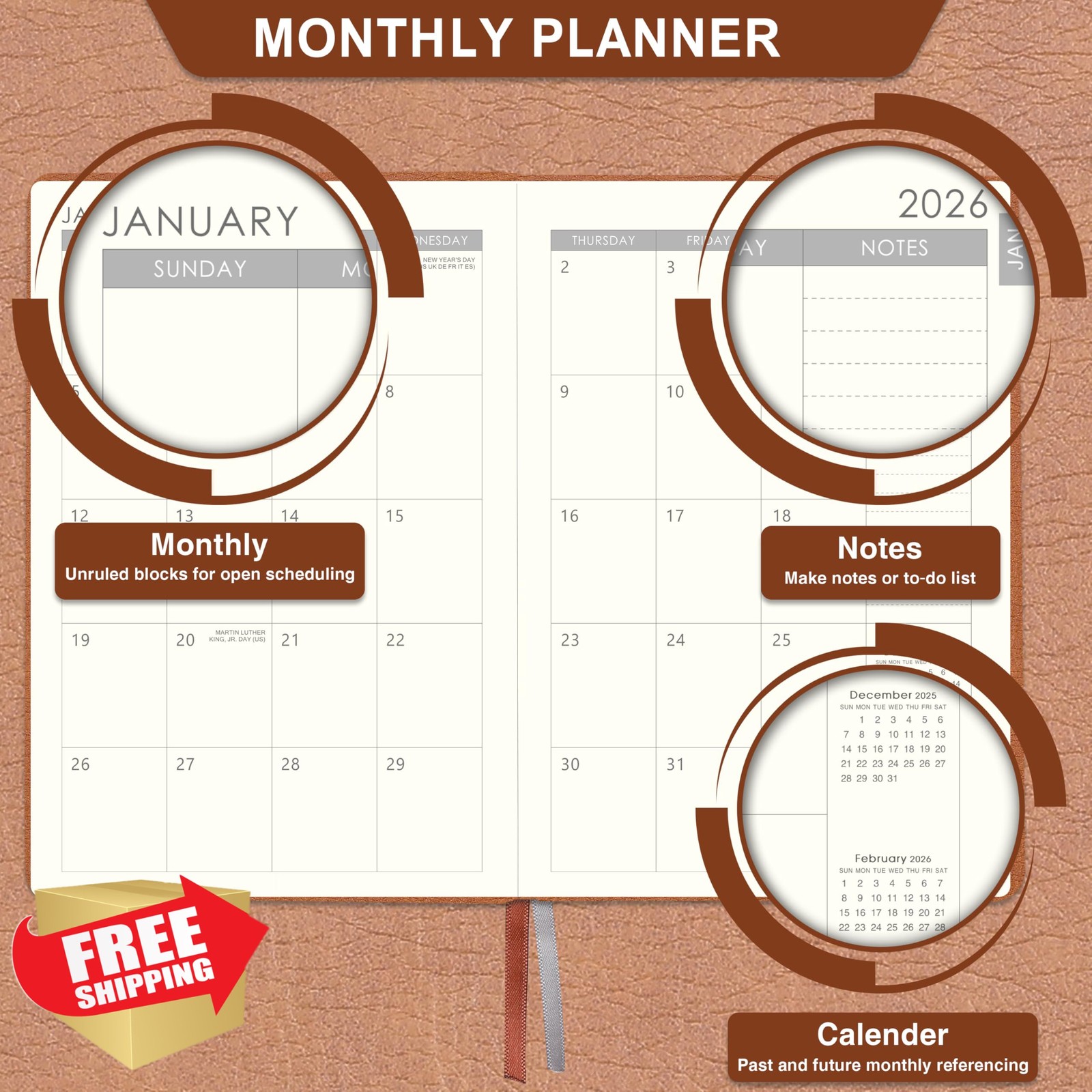 Lemome 2026-2027 Planner Brown Leather Academic Bookmarks