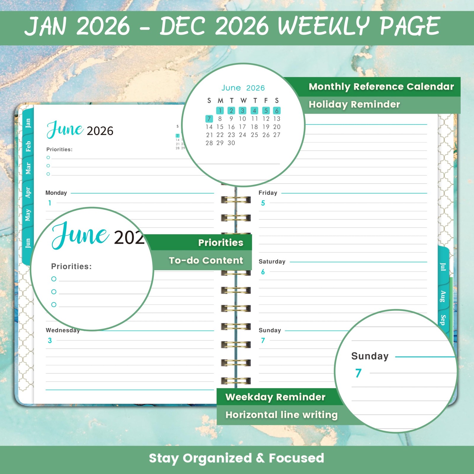 2026 Weekly & Monthly Planner with Tabs, Hardcover, Daily Organizer, 6.4″x8.5″