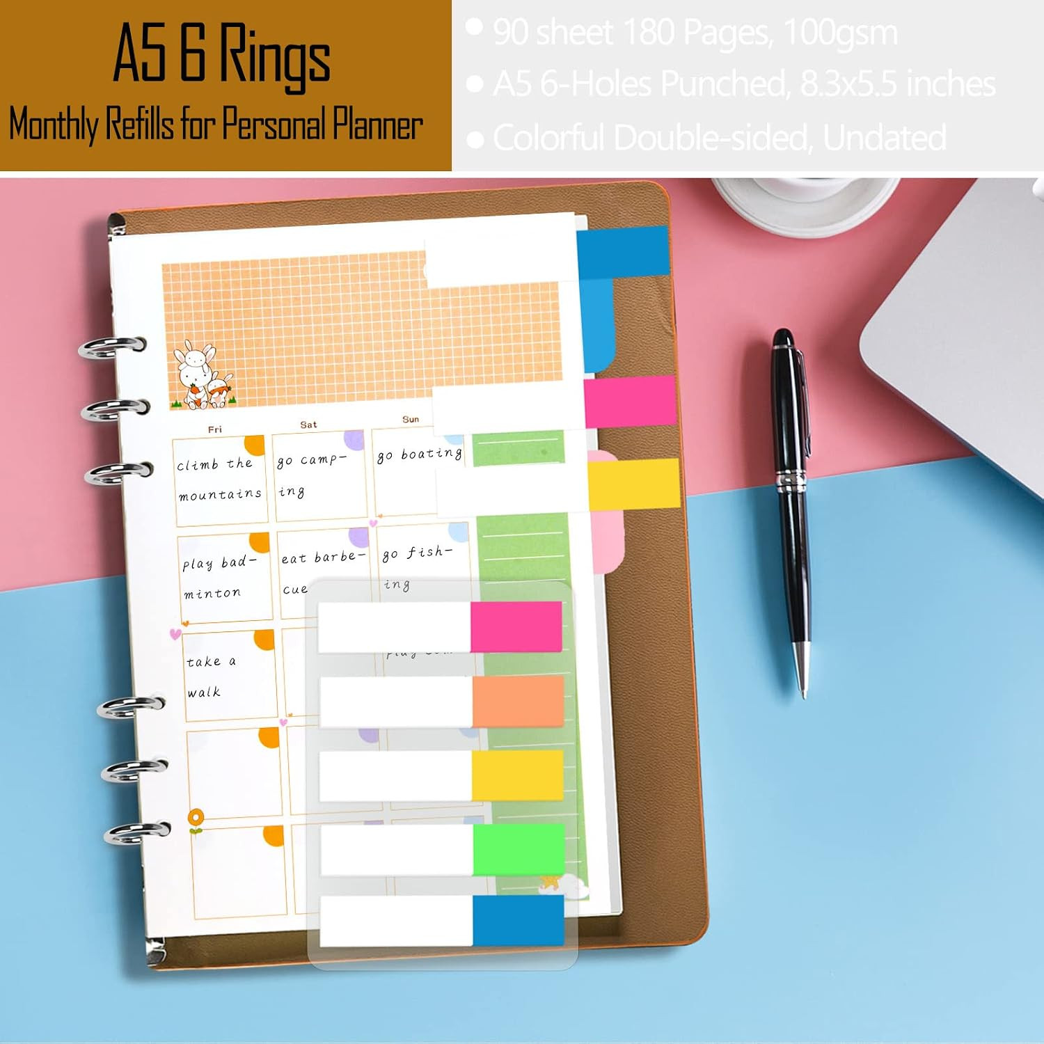 A5 Planner Inserts Monthly Planner Refills, 90 Pages Colorful 6-Ring