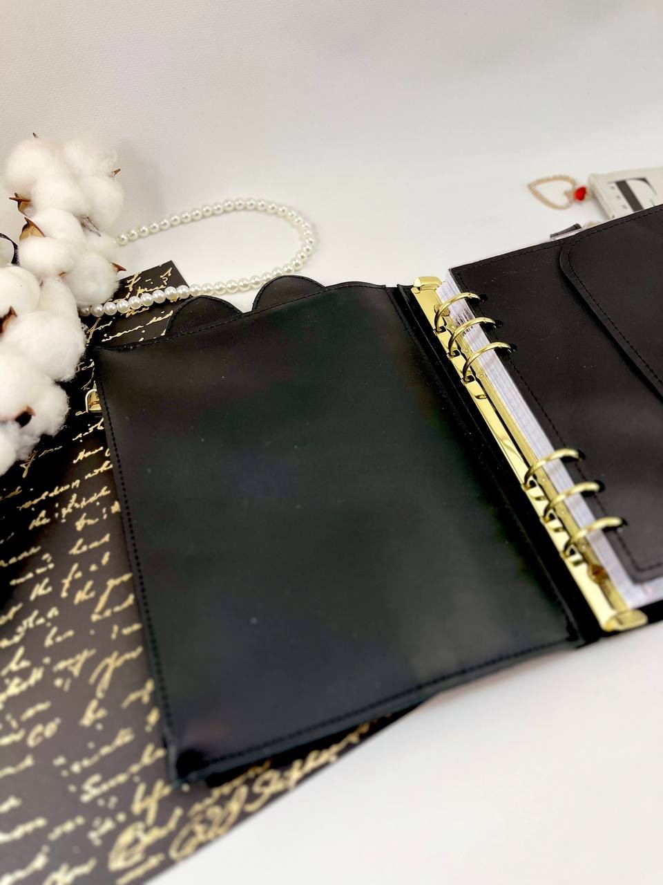 Midnight Luxe: Black & Gold A5 Leather Binder. Cat leather planner A5. Gift A5.