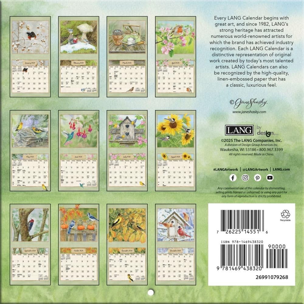 Lang, Birds In The Garden 2026 Mini Wall Calendar, 7” X 7″W x 0.2″H, 2026