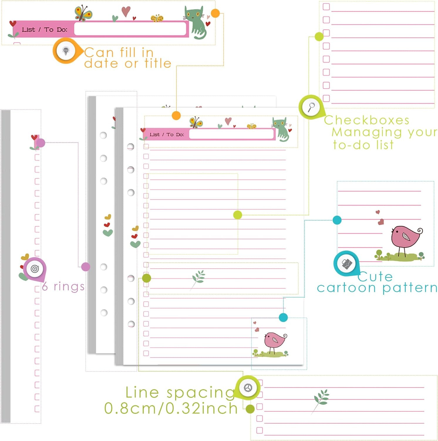 A5 Planner Inserts to Do List, 90 Pages Colorful 6-Ring Loose-leaf Planner Refil