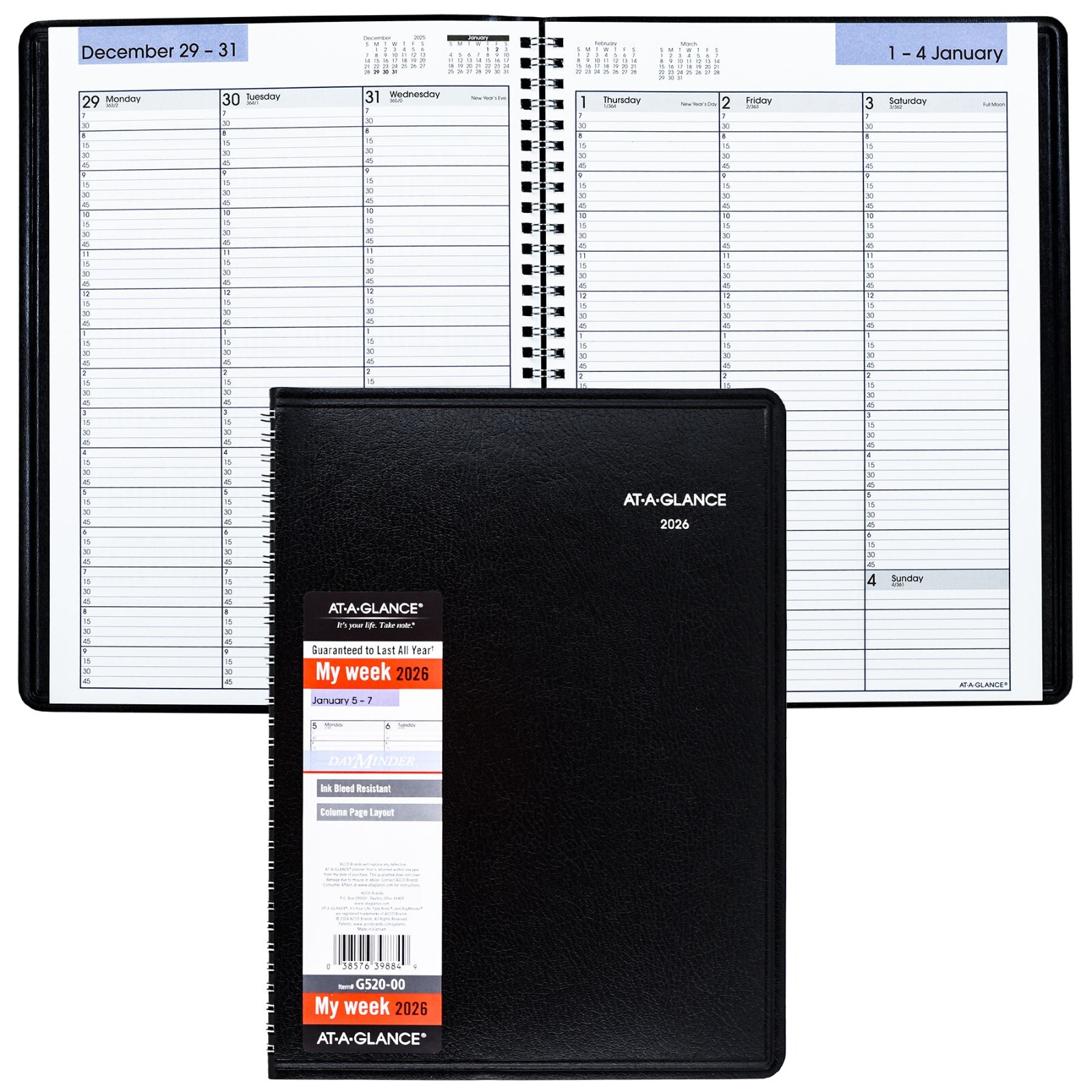 2026 At-A-Glance DayMinder G520-00 Weekly Appointment Book, 8 x 11″, Black Cover