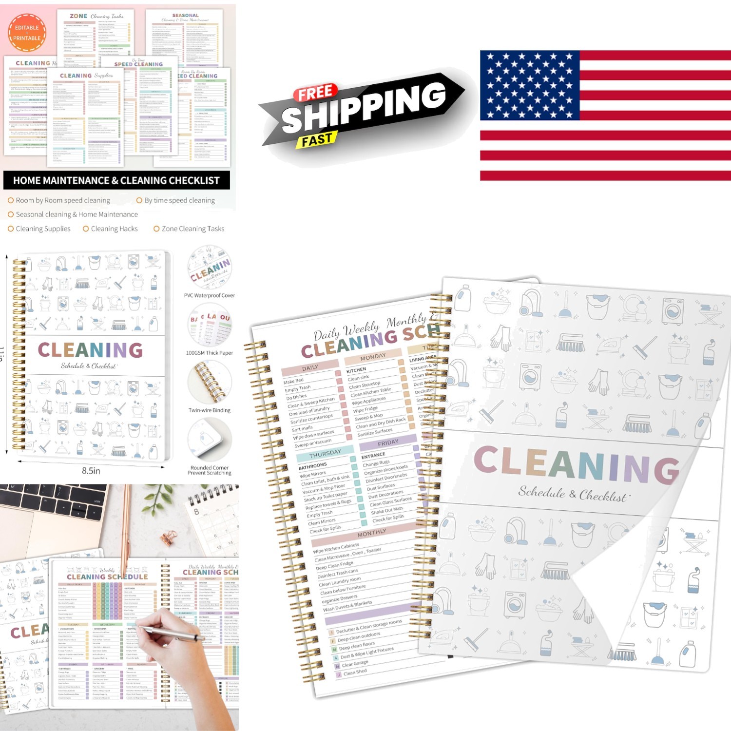 Spiral Bound Cleaning Planner for ADHD Adults Waterproof PVC Cover 8.5 X 11