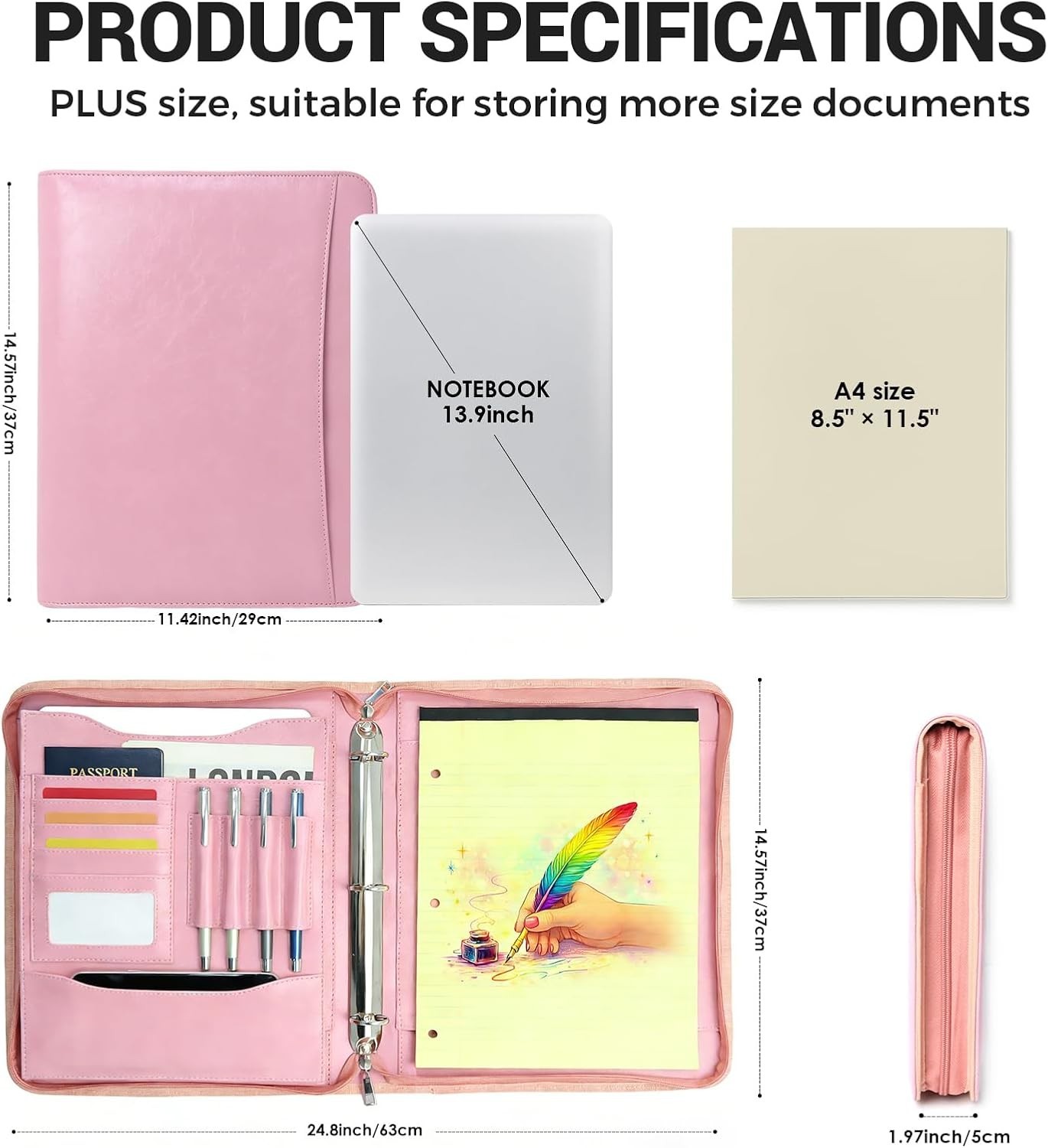 Faux Leather Zippered Padfolio with 3 Ring Binder, Executive Portfolio Organi…