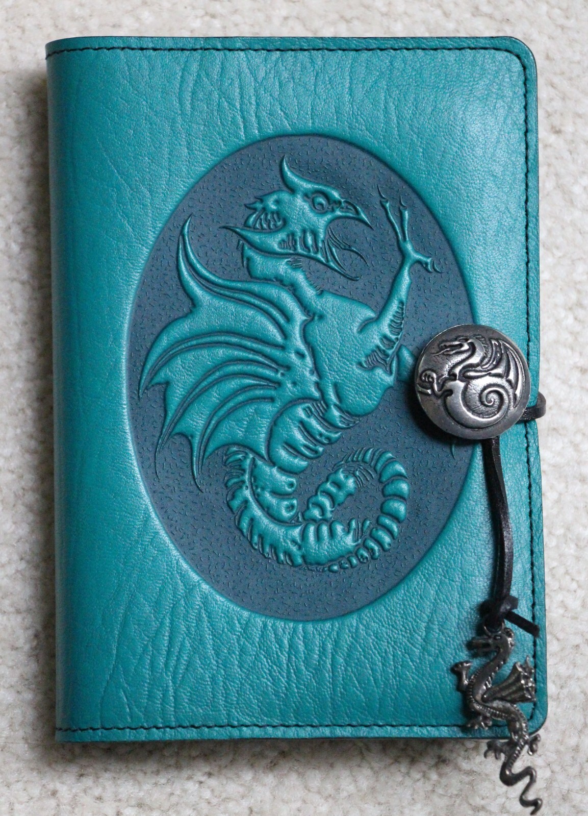 Oberon Design Leather Small Journal Cover DRAGON-COCKATRICE in TEAL