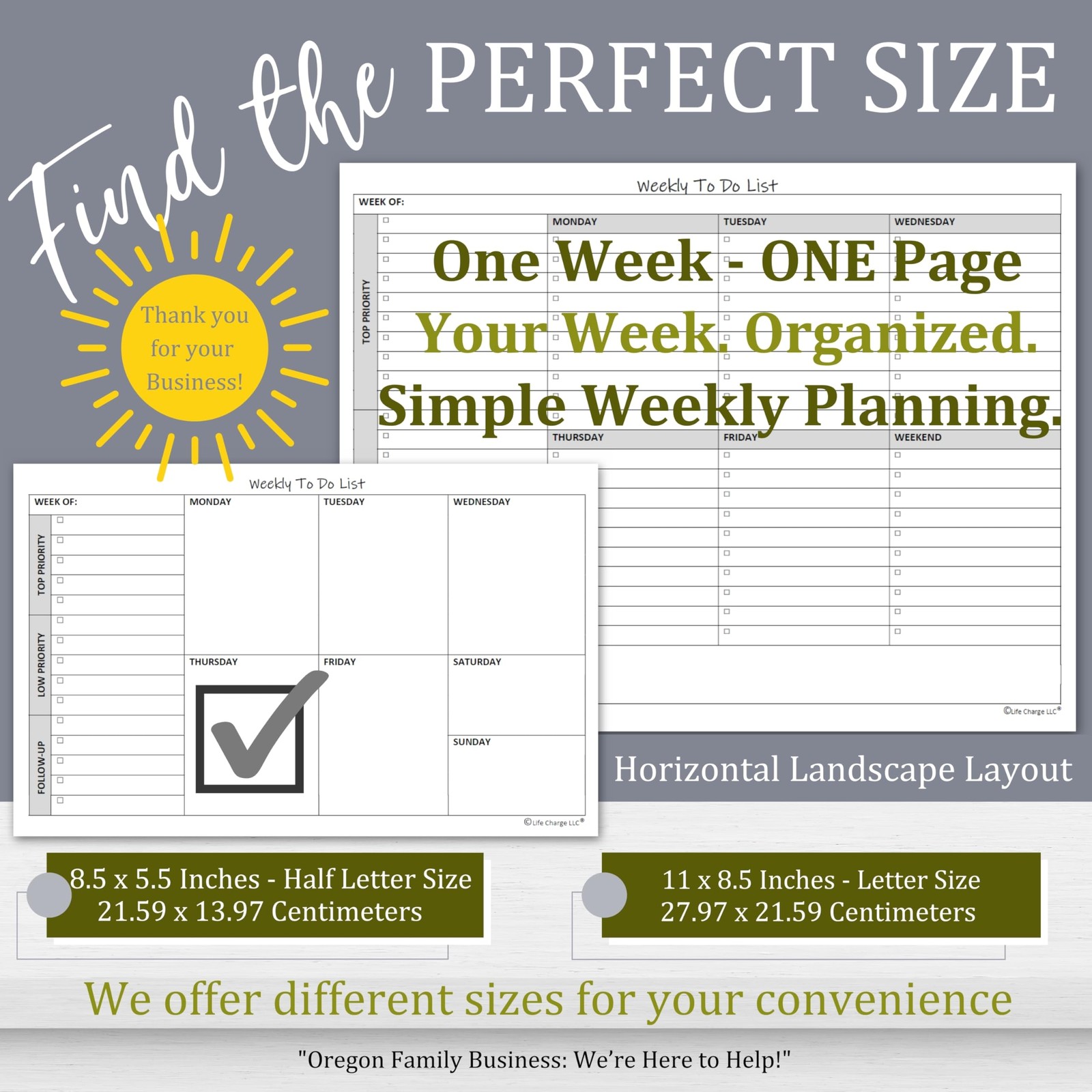 Life Charge Weekly Planner Notepad Letter Size (1 Pack), Black Grey and White