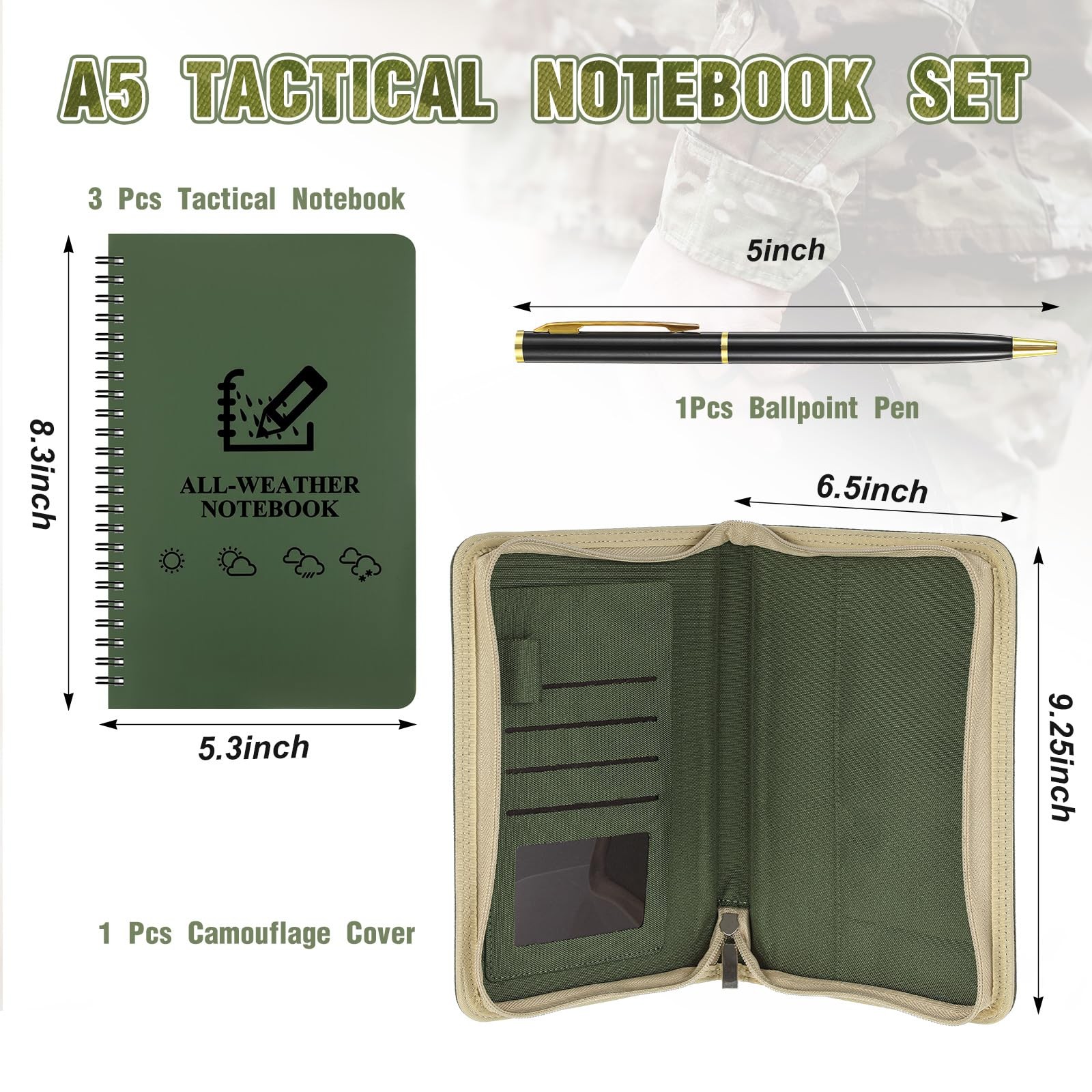 Resurhang 5 Pcs Waterproof Tactical Notebook with 96 Sheets 192 Pages Kit