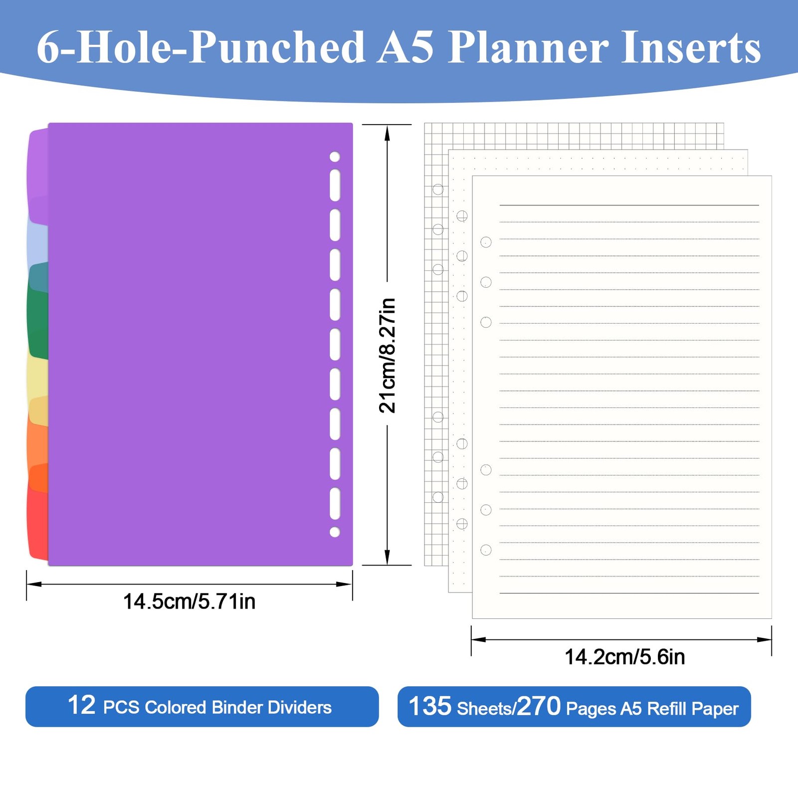 A5 Refill Paper Planner Inserts for A5 6 Ring Binder, 135 Sheets 6-Hole Lined…