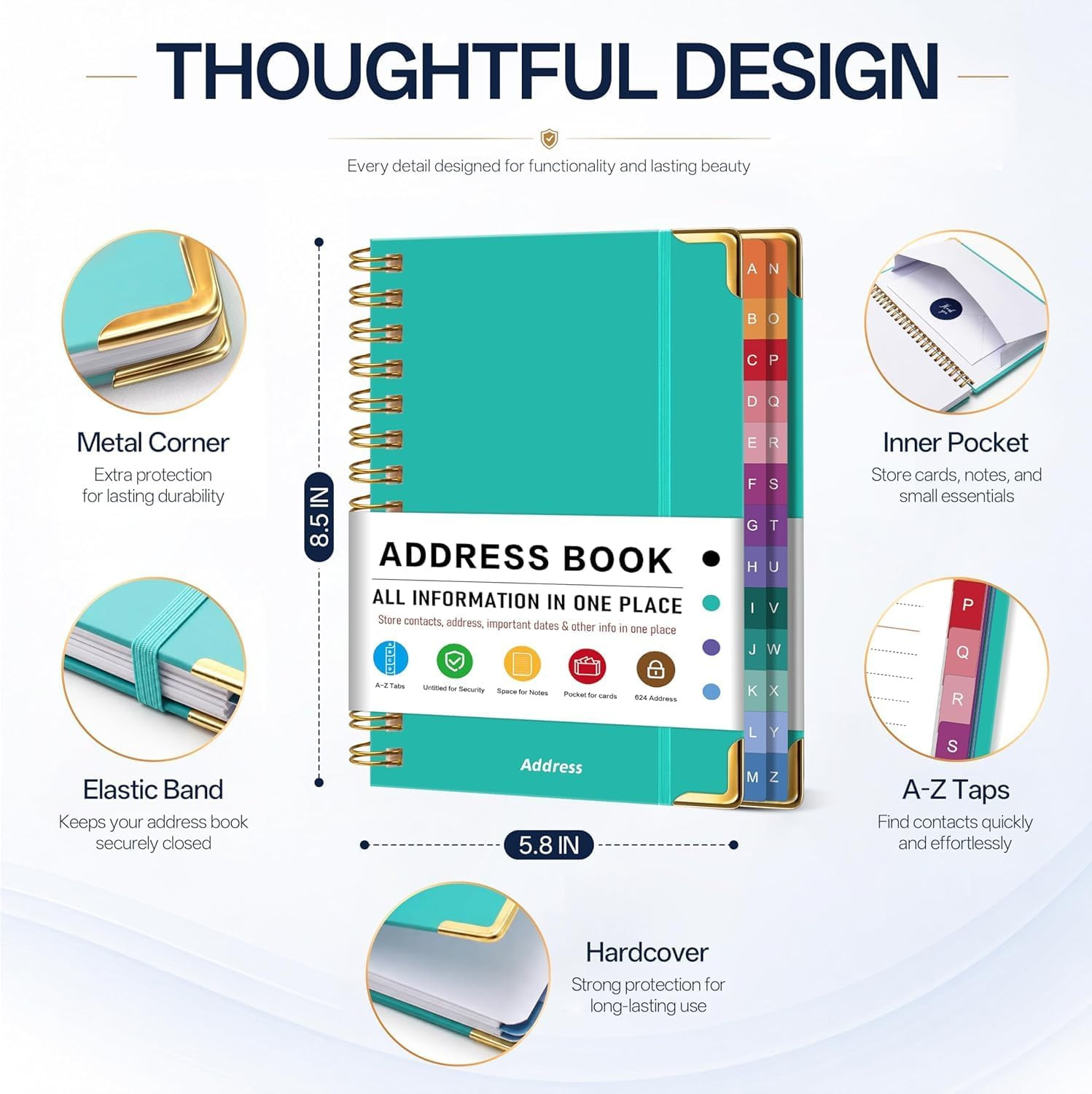 Address Book with Colorful Alphabetical Tabs, 5.8″X8.4″ | Large Print for Senior