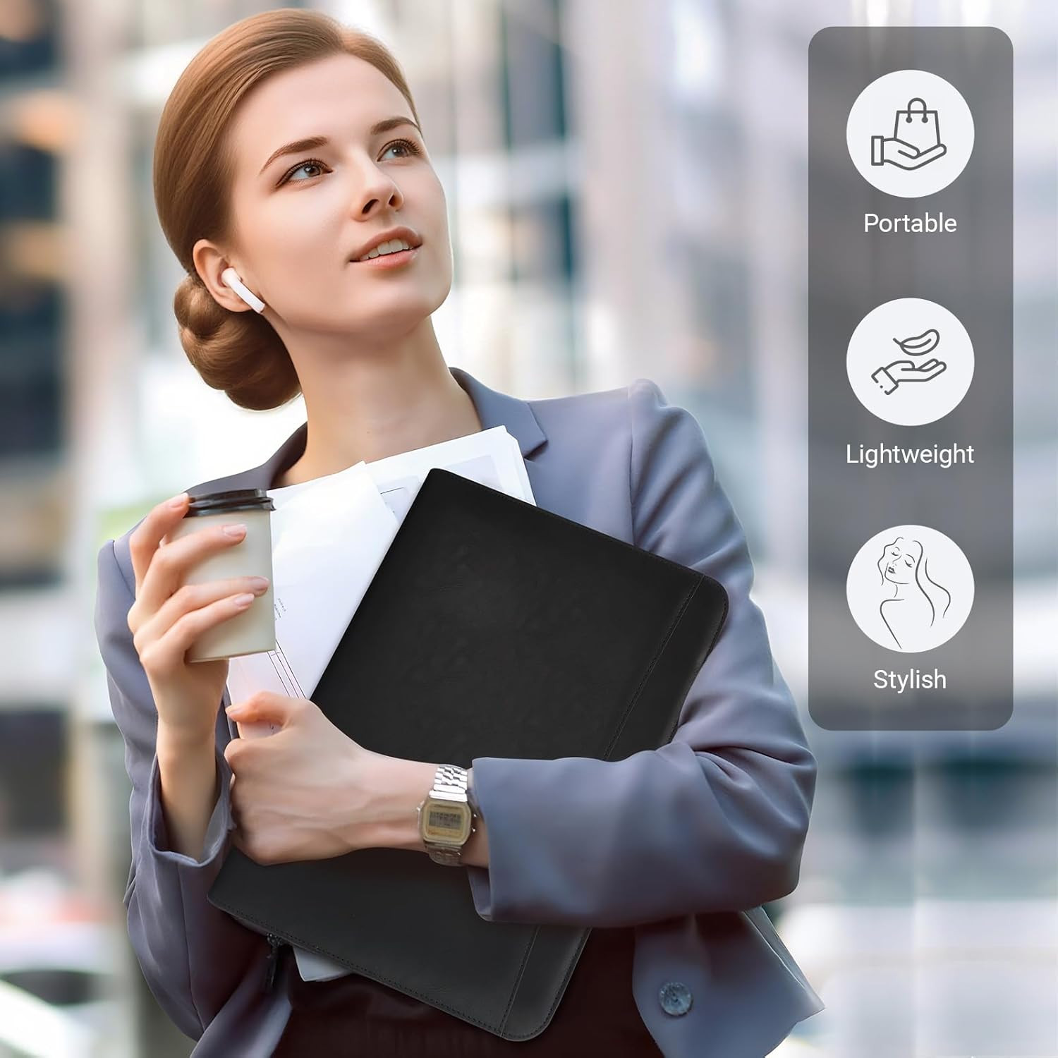 Padfolio Cuero Con Cierre 3 Anillas Organizador Ejecutivo Para Laptop Tablet