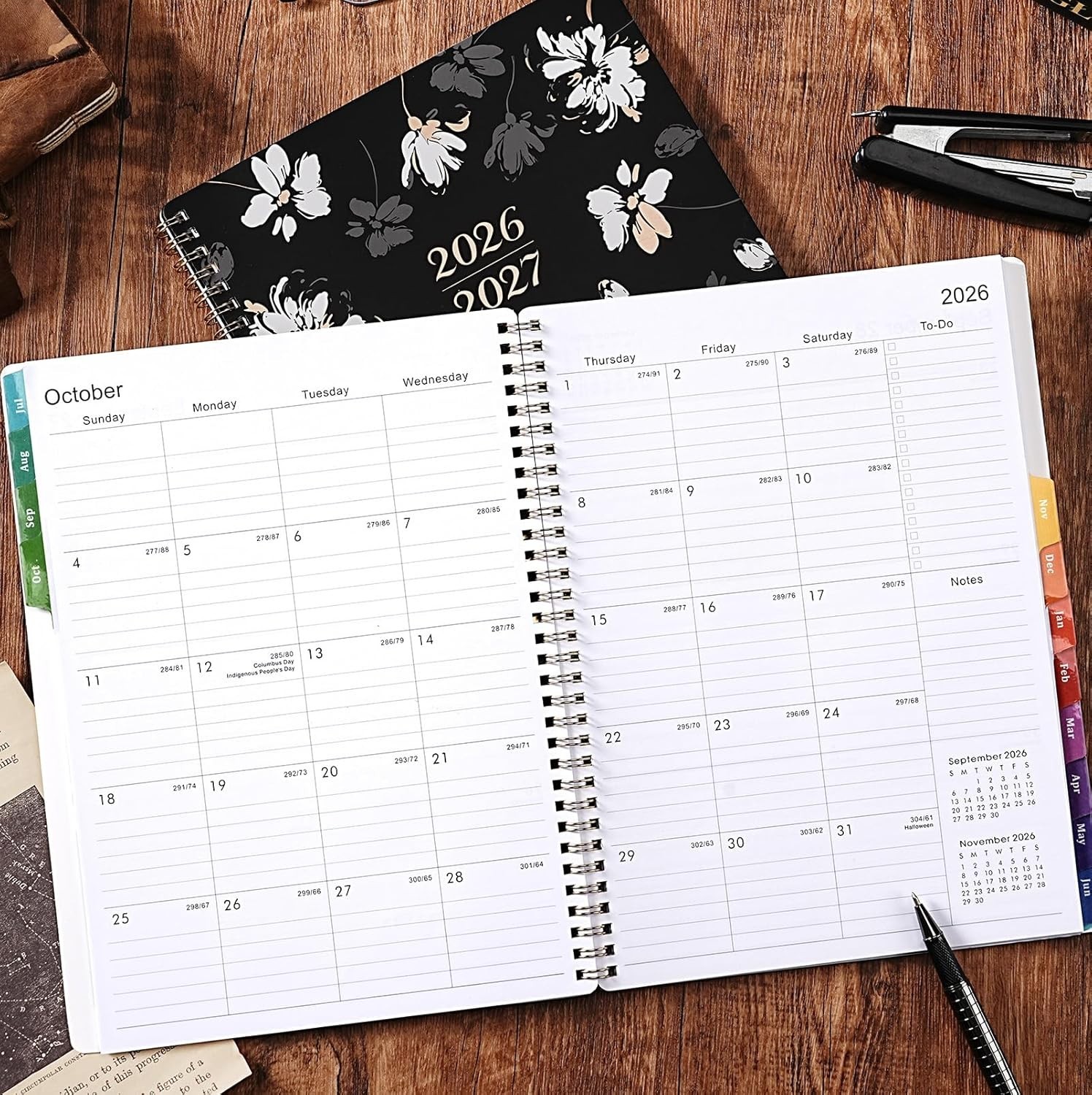 Chic Floral Weekly & Monthly Planner 2026-2027 with Colorful Tabs & Pocket