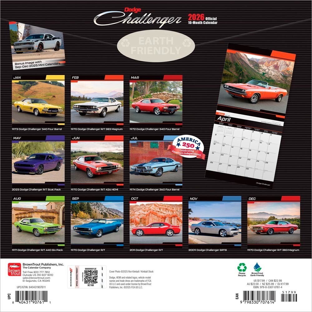 Dodge Challenger OFFICIAL | 2026 12×24″ Square Wall Calendar | Plastic-Free