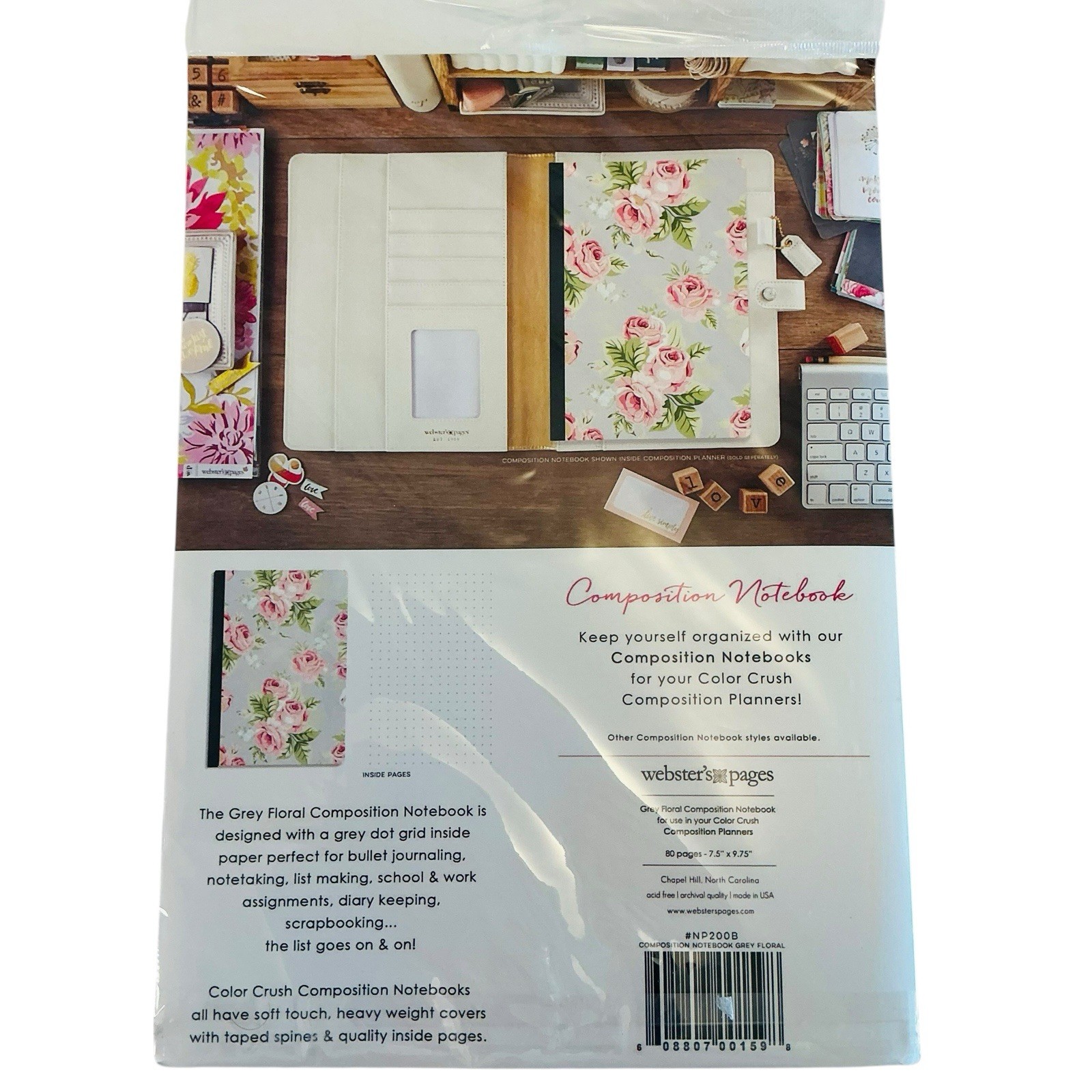 Composition Notebook Planner ~Dot Grid~ FLORAL Roses Webster’s Pages 7.5 x 9.75